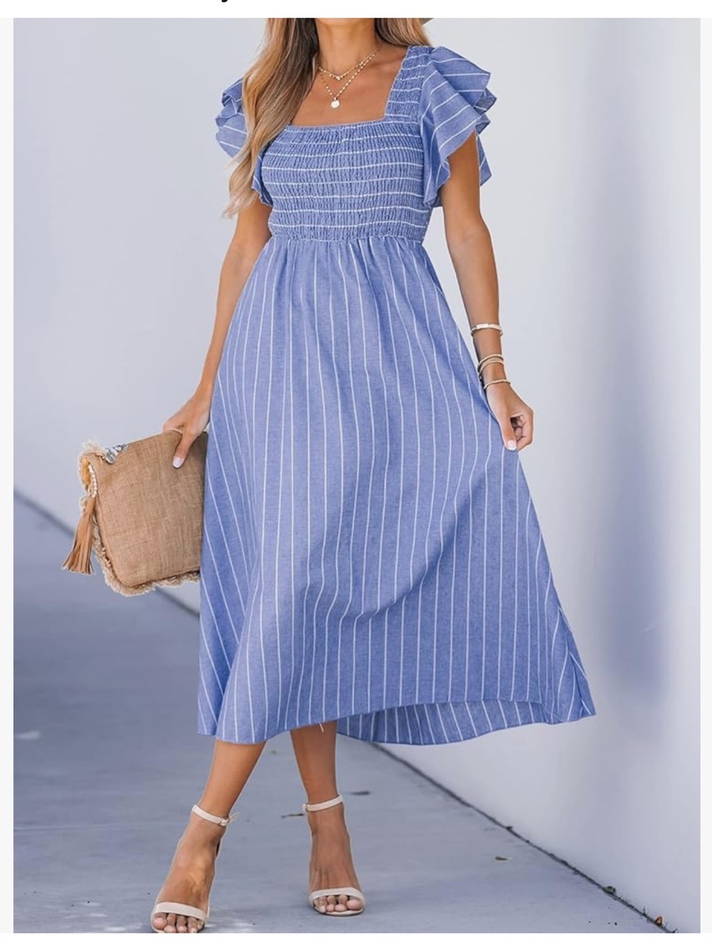 Simplee Apparel Blue & White Striped Smocked Square-Neck Midi Dress